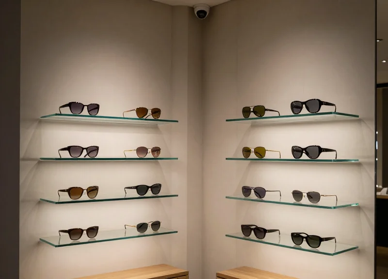 Modern high-end luxury eyewear boutique with sleek security sensors integrated into the decor