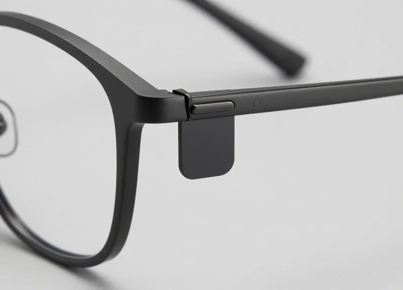 Close-up of a sleek, ultra-lightweight optical security tag attached to luxury eyeglasses