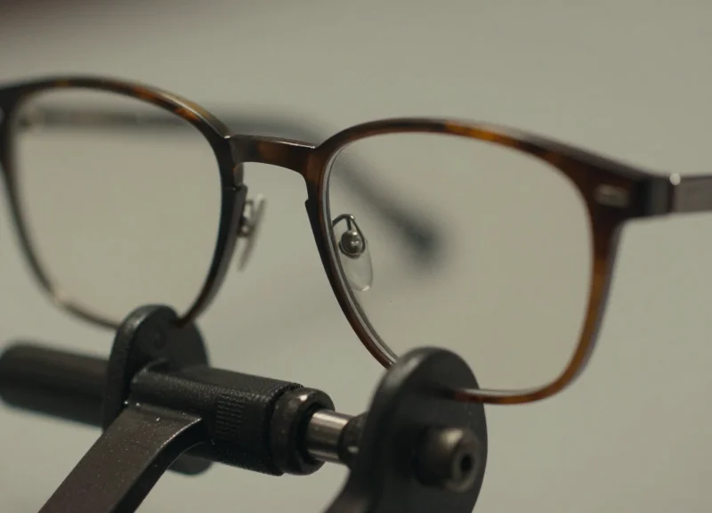 Close-up view of a metal eyewear temple showing micro-scratches from a conventional hard plastic tag.