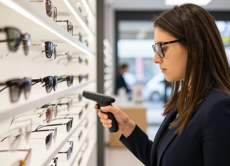 A store employee using a mobile device to scan glasses on a display shelf.