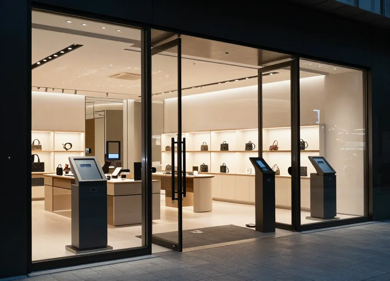 Modern high-end retail store entrance with electronic article surveillance pedestals.