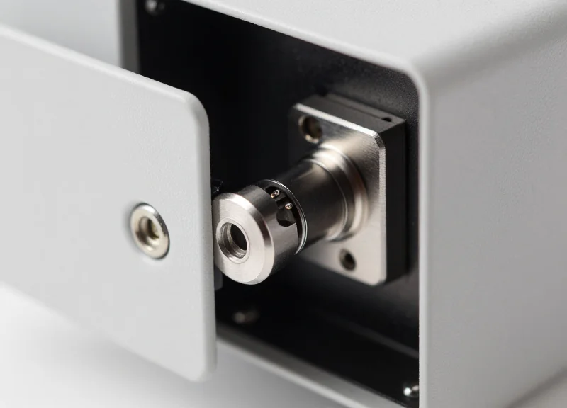 Macro view of a magnetic locking mechanism on a retail security box.
