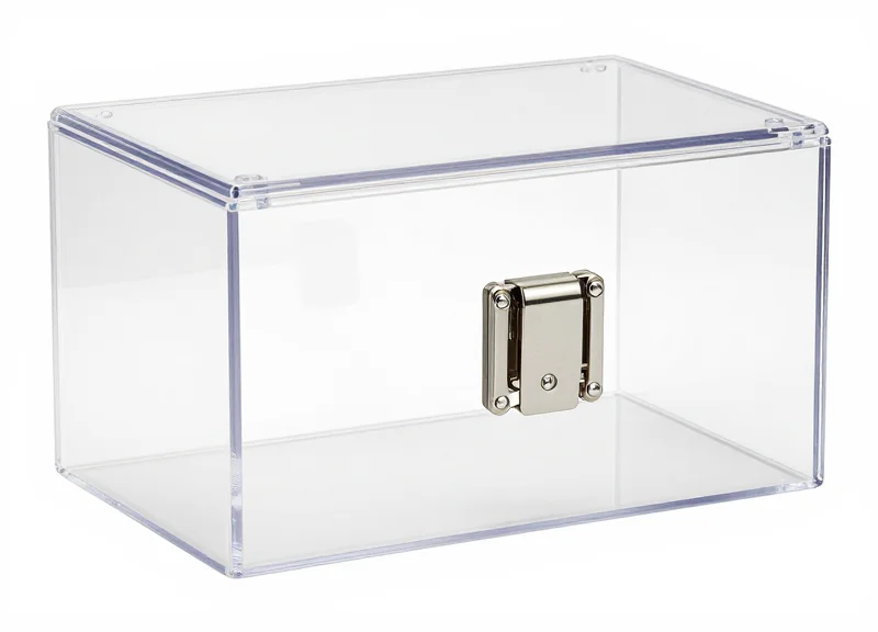 A clear acrylic EAS safer box with a secure magnetic lock for high-value items.