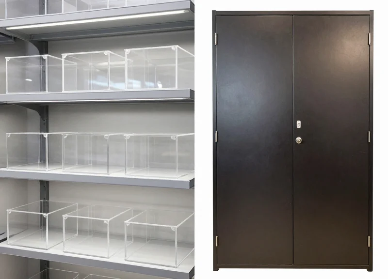 Side-by-side comparison of open merchandising with safer boxes versus products behind a locked metal cage.