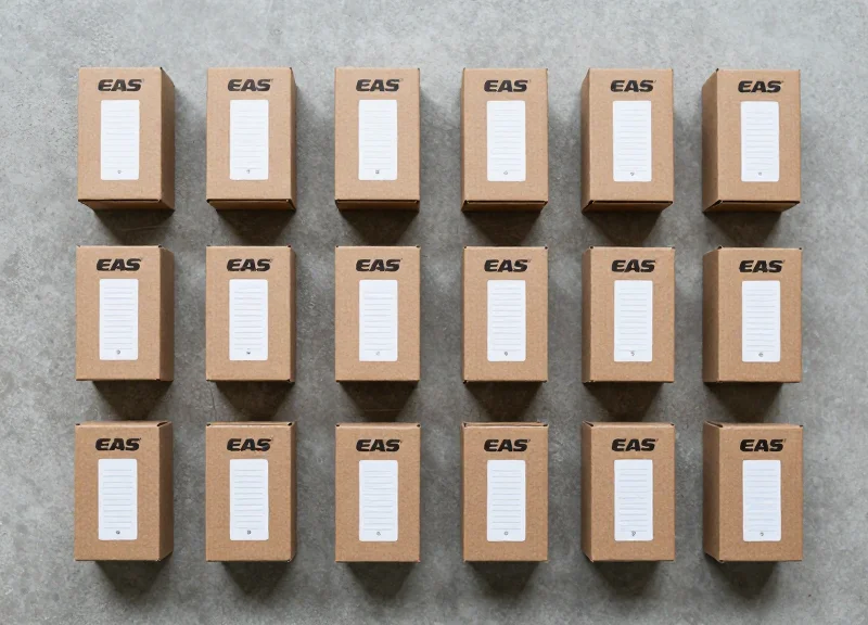 A flat lay arrangement of different security tags inside various EAS safer boxes.