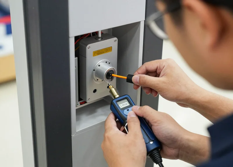 A technician calibrating a retail security pedestal at a store entrance.