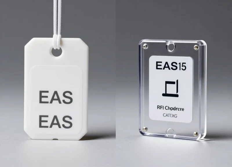 Side by side comparison of a traditional hard tag and a smart RFID safer box