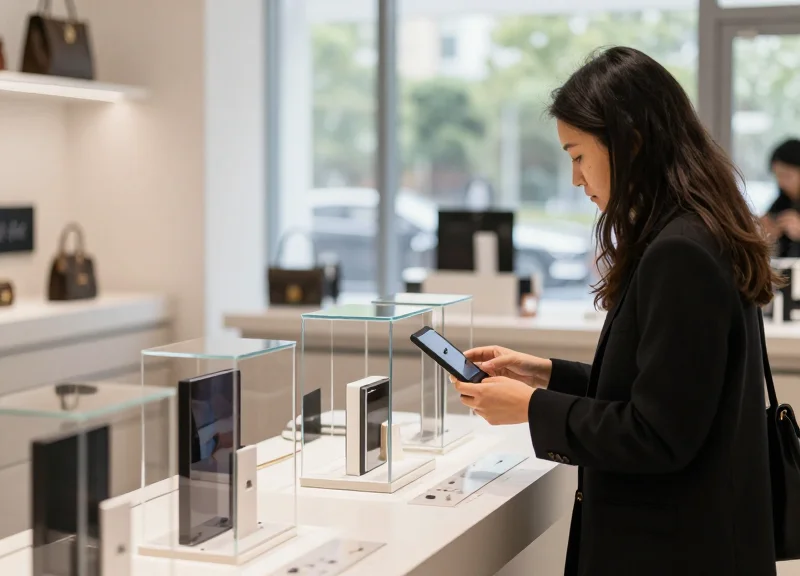 Customer browsing high-end products in a secure retail environment