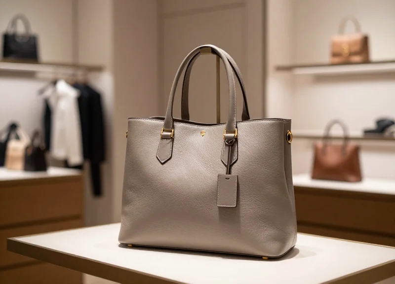 The interior of a high-end luxury boutique with designer handbags on display, featuring subtle modern security infrastructure.