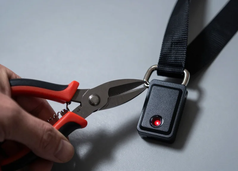 A hand attempting to cut a reinforced alarm lanyard with a red glowing light indicating the sensor is active.