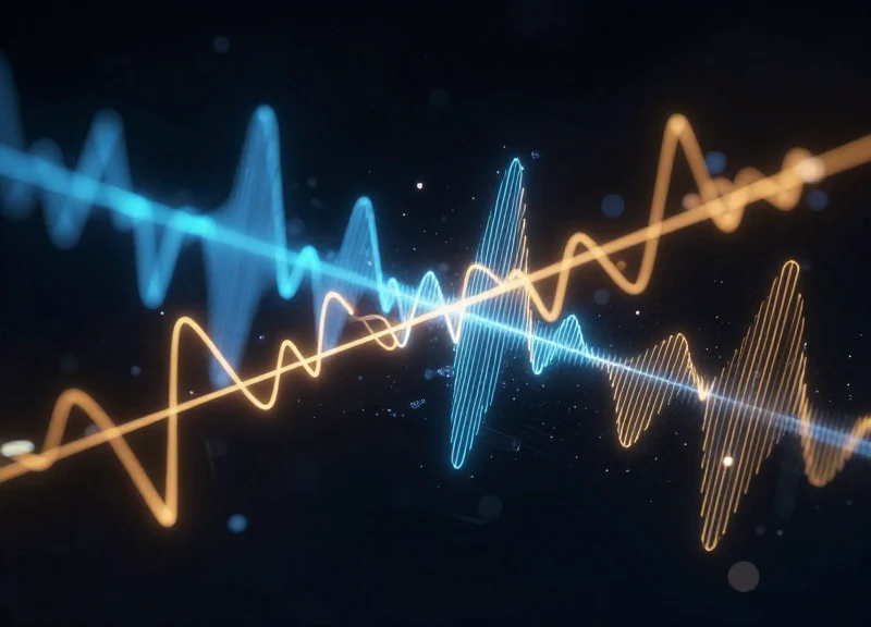 Abstract representation of intersecting RF and AM frequency waves with glowing light trails.