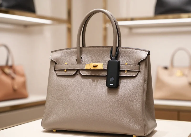 A luxury designer handbag on a pedestal in a boutique with a sleek security sensor attached.
