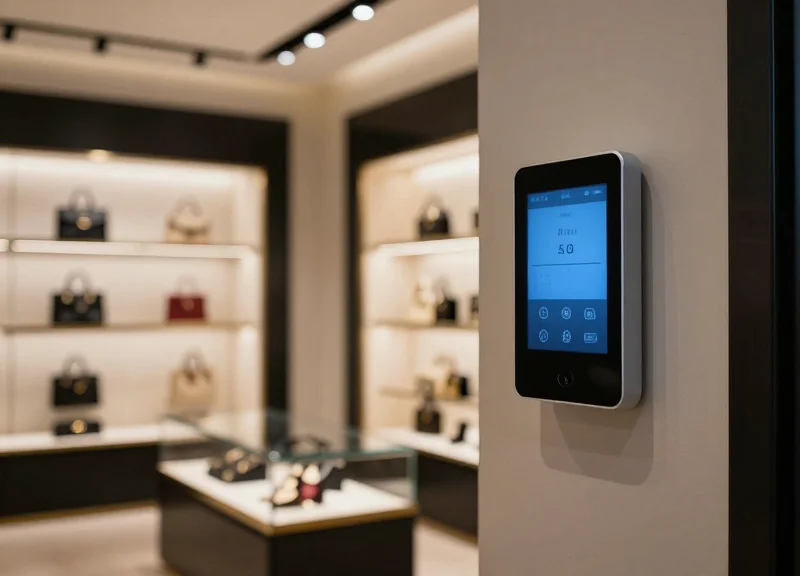 A high-end retail security control center showing blurred monitoring screens focused on a luxury boutique interior with smart sensors.