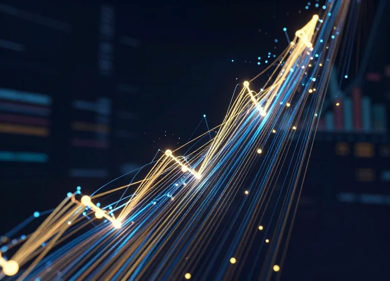 Abstract data visualization showing upward trending light trails and glowing nodes representing return on investment in retail technology.