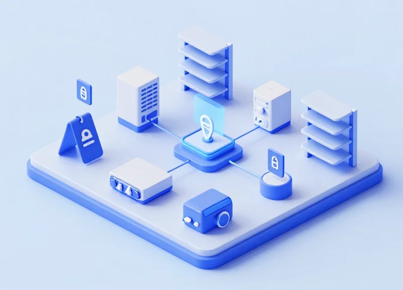 An isometric 3D model of a retail ecosystem showing servers connecting self-alarming tags, RFID readers, and electronic shelf labels.