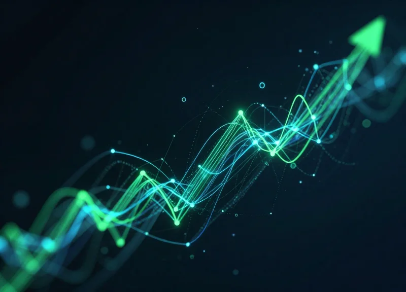Abstract visualization of glowing light trails and nodes showing an upward trend in security efficiency.
