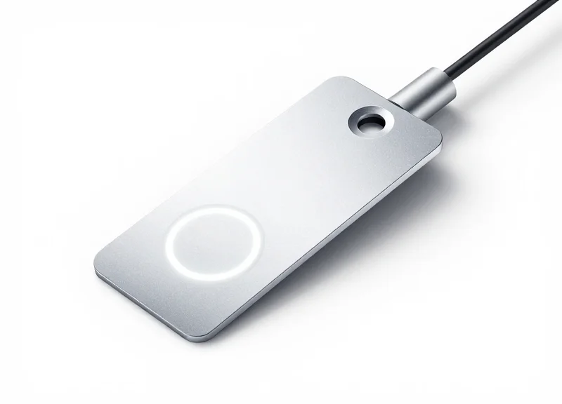 A high-tech encrypted smart detacher with a sleek metallic finish and glowing LED status indicator.