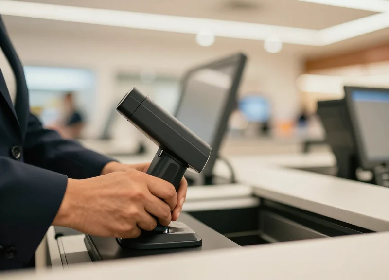 A retail cashier efficiently removing a security tag with a smart detacher at a fast-paced checkout.