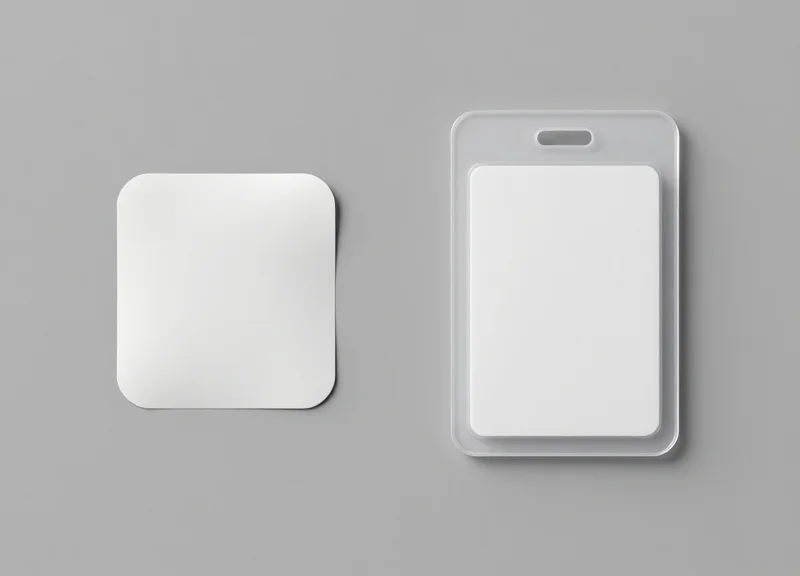 A side-by-side comparison of a soft RF sticker label and a hard AM security tag.