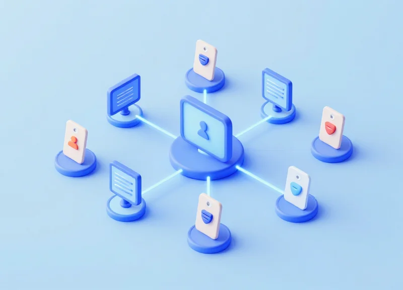Isometric 3D model of a retail ecosystem showing connected security and inventory management systems.
