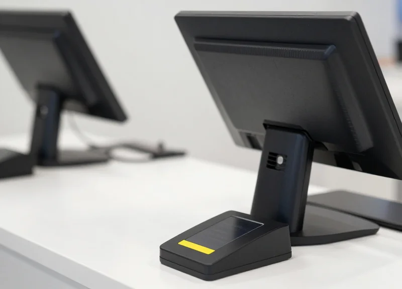 Close-up of a retail point-of-sale counter with an integrated security tag deactivator pad.