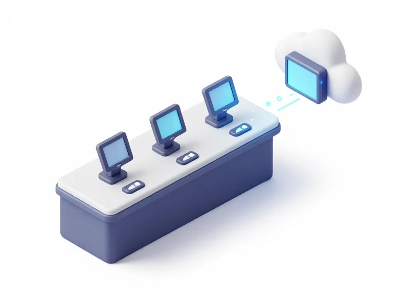 Isometric 3D view of a retail checkout lane with integrated RFID and POS components.