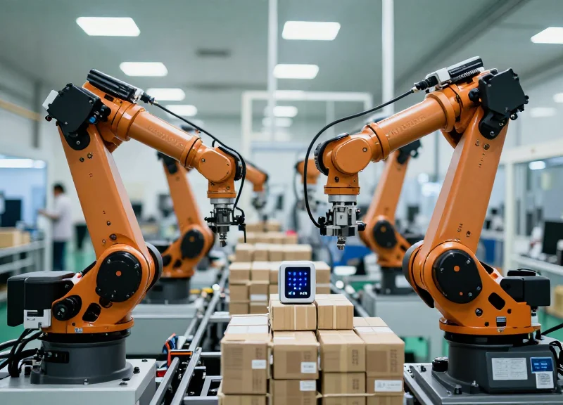 Industrial factory setting showing security sensors being integrated into product packaging.
