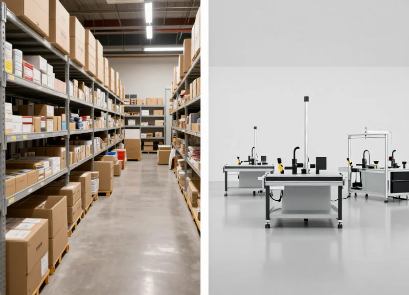 A visual comparison of a busy store backroom versus a streamlined factory tagging process.