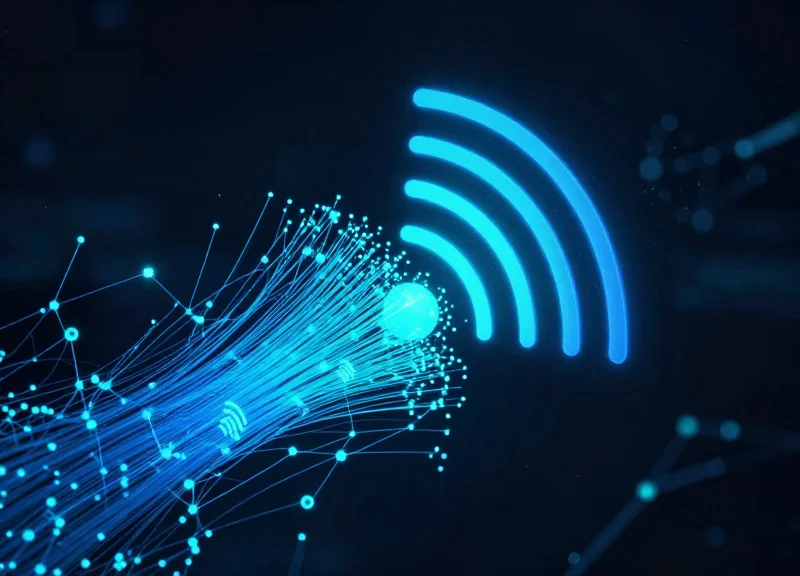 Abstract digital visualization of RFID signals and smart retail technology.