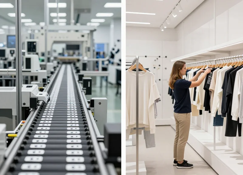A professional split-screen comparison showing a factory assembly line on the left and a modern retail store environment on the right, illustrating different stages of product security tagging.