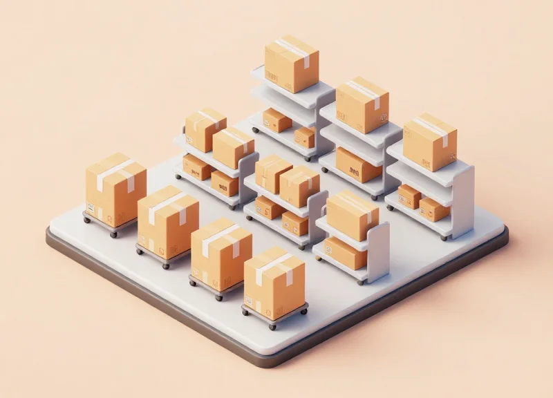 Isometric view of a retail logistics flow showing fast movement from delivery to shelf