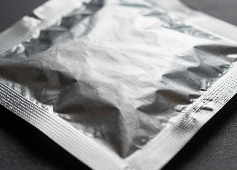 Macro photograph of metallic foil packaging showing detailed texture and reflections.