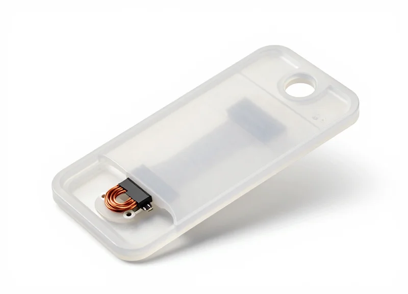 Close-up shot of a sleek, white security tag with a semi-translucent casing showing integrated copper coil and microchip components.