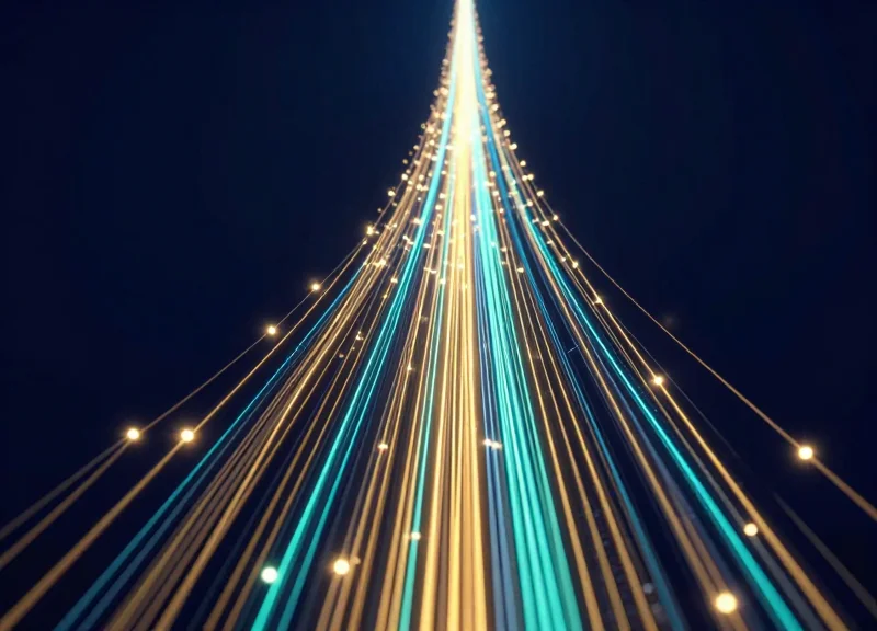 Abstract visualization of glowing fiber optic streams and data nodes rising towards a bright horizon, representing future economic growth.