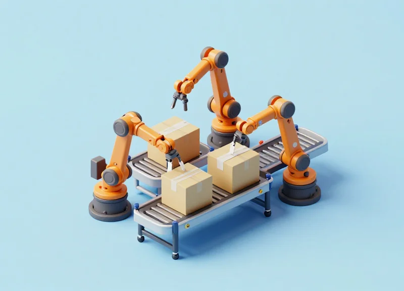 Isometric 3D model of an automated factory line where robotic arms apply small white tags to boxes on a conveyor belt.