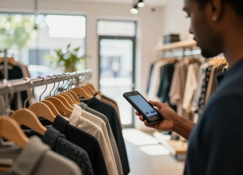 A retail worker in a modern store comfortably using a handheld scanner to check inventory on a clothing rack.