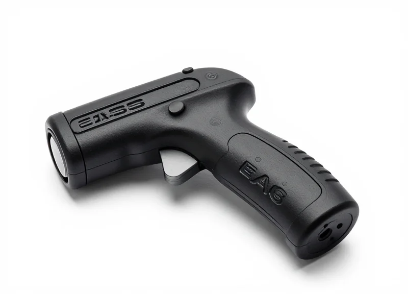 Sleek industrial handheld EAS verifier showing ergonomic handle design