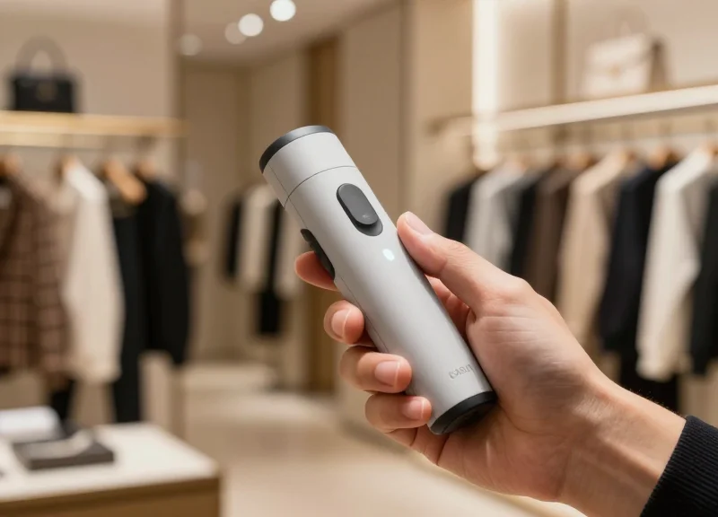 A modern, sleek handheld electronic security device being used by a staff member in a luxury clothing boutique with high-end apparel in the background.