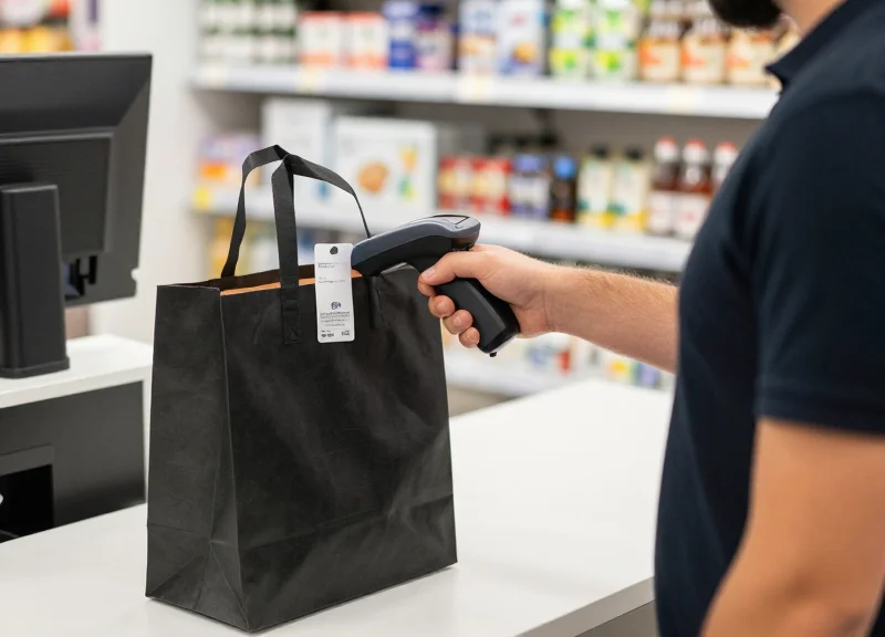 A store associate checking a customer's bag with a handheld device at a checkout counter for verification.