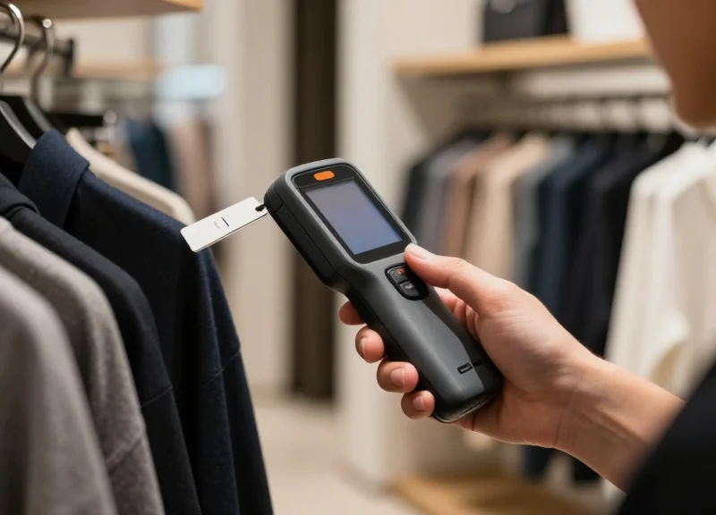A retail professional using a sleek handheld security tag tester on a luxury garment in a modern, brightly lit store.