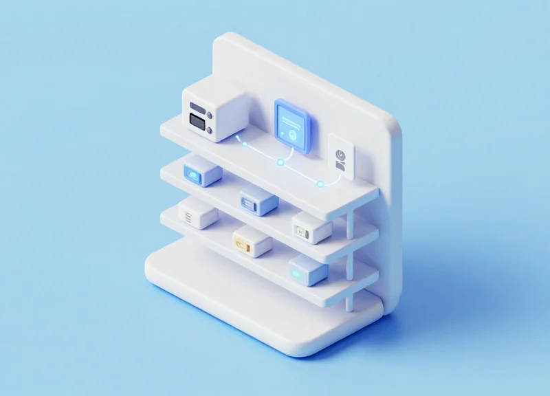 Isometric view of a smart retail shelf integrating RFID sensors and digital labels.