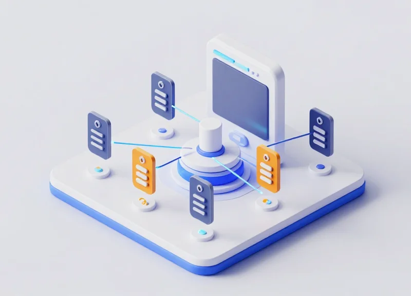 An isometric 3D model of a retail security auditing system with modular tags and glowing signal lines on a clean minimalist background.