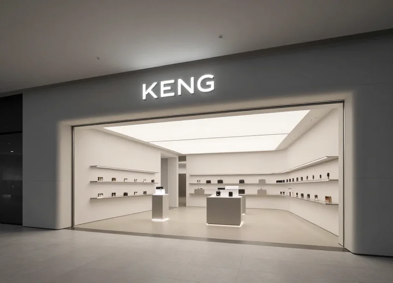 A modern high-end retail store entrance in 2026 with sleek security gates and cinematic lighting.