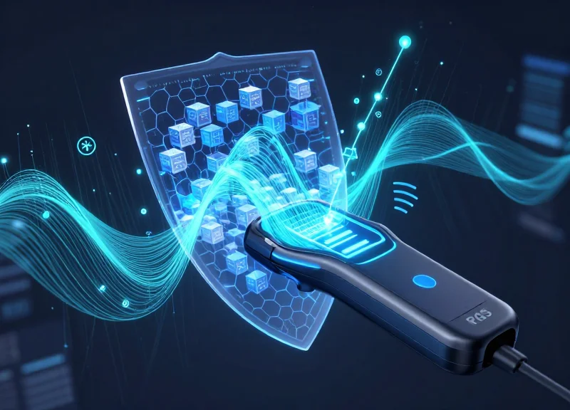 Abstract visualization of dual-frequency RFID signals and a digital security shield over a retail inventory environment.