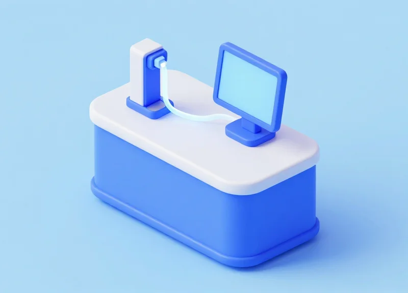 Isometric 3D model of a checkout counter showing a detacher connected to a POS system via glowing lines.