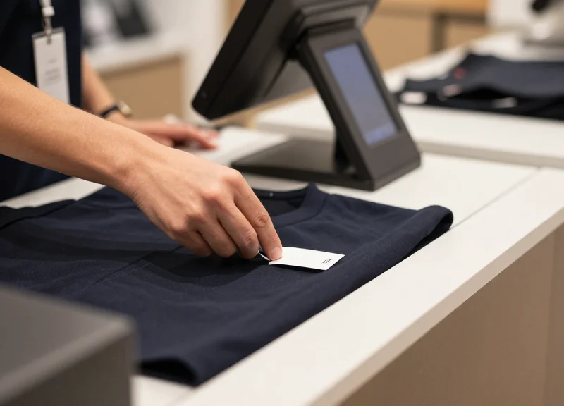 A store clerk efficiently removing a security tag at a modern checkout counter.