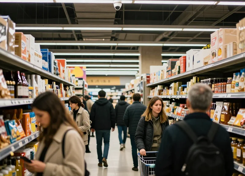 Wide view of a busy modern grocery store aisle with visible security cameras on the ceiling.