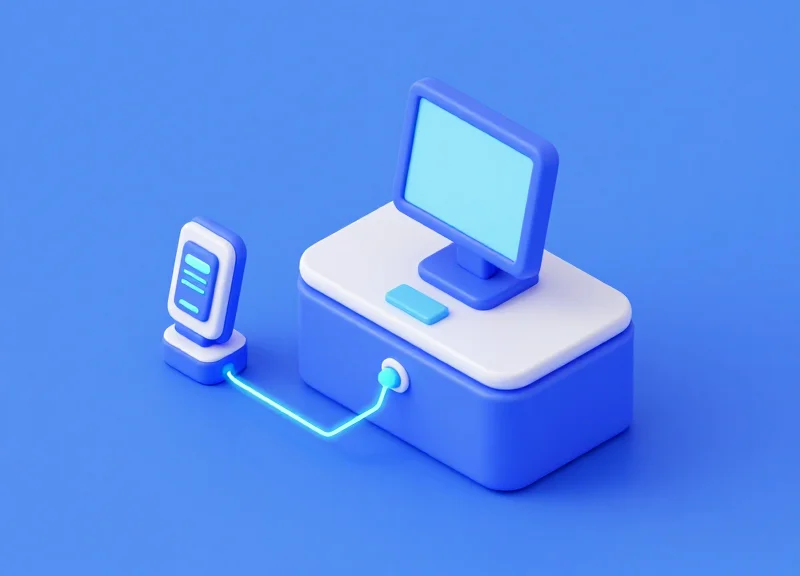 Isometric 3D model showing a retail point-of-sale terminal connected to an electronic security deactivation system.