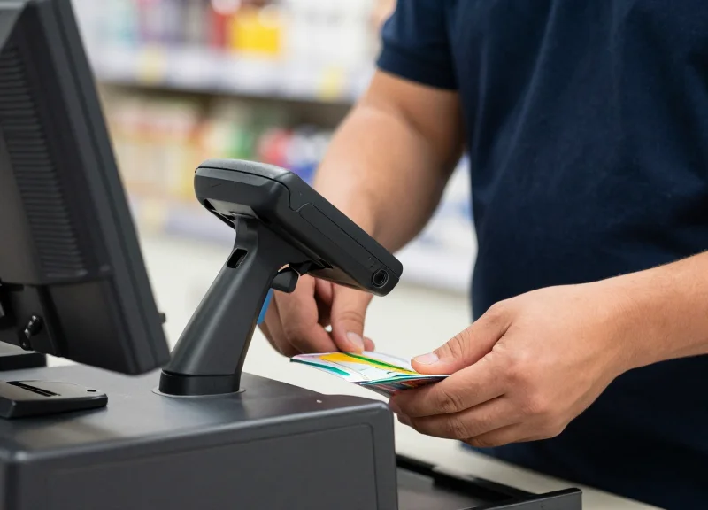 Close-up of a cashier's hands scanning items at a busy checkout counter.