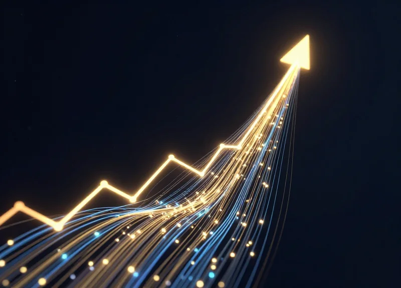 Abstract digital visualization of rising growth lines and data nodes representing return on investment.